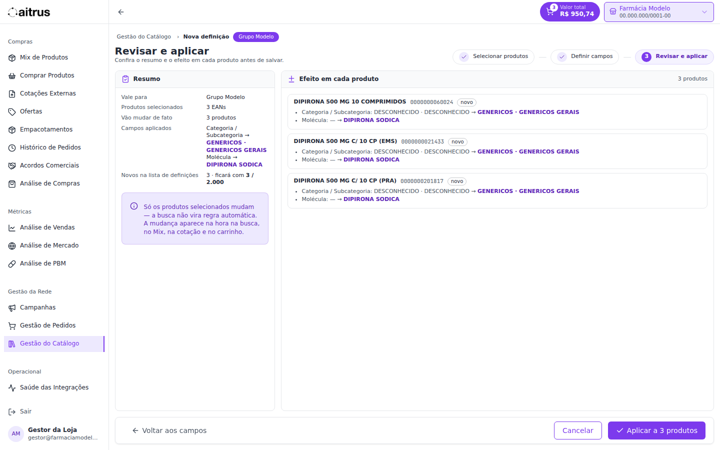 Passo "Revisar e aplicar": três Dipironas saindo de categoria "DESCONHECIDO" para "GENERICOS · GENERICOS GERAIS", com a molécula preenchida, antes de salvar.