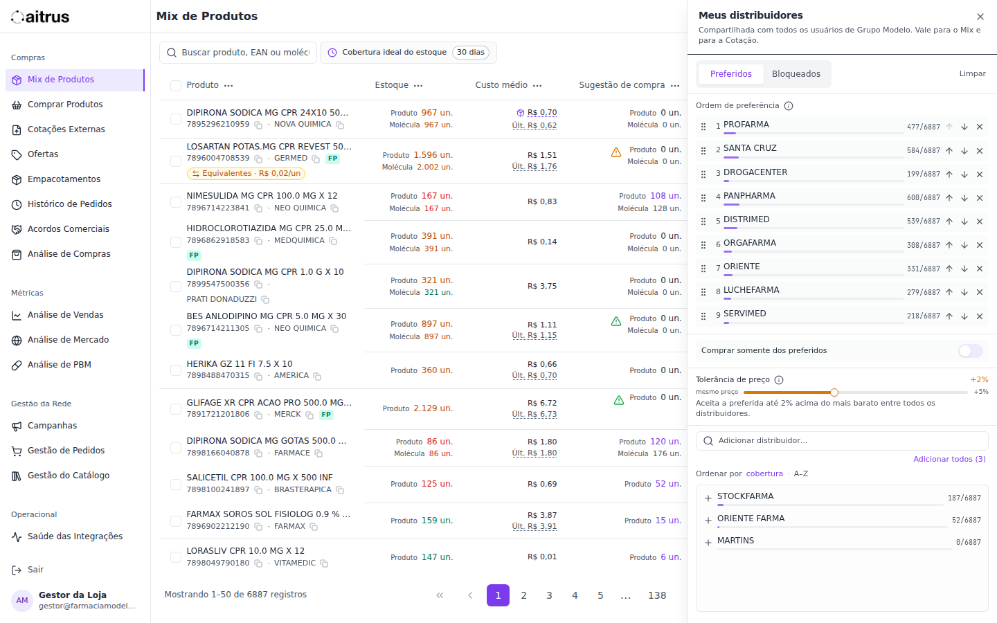Ordem de preferência com a cobertura de cada distribuidor, o interruptor "Comprar somente dos preferidos" e a tolerância de 2%.