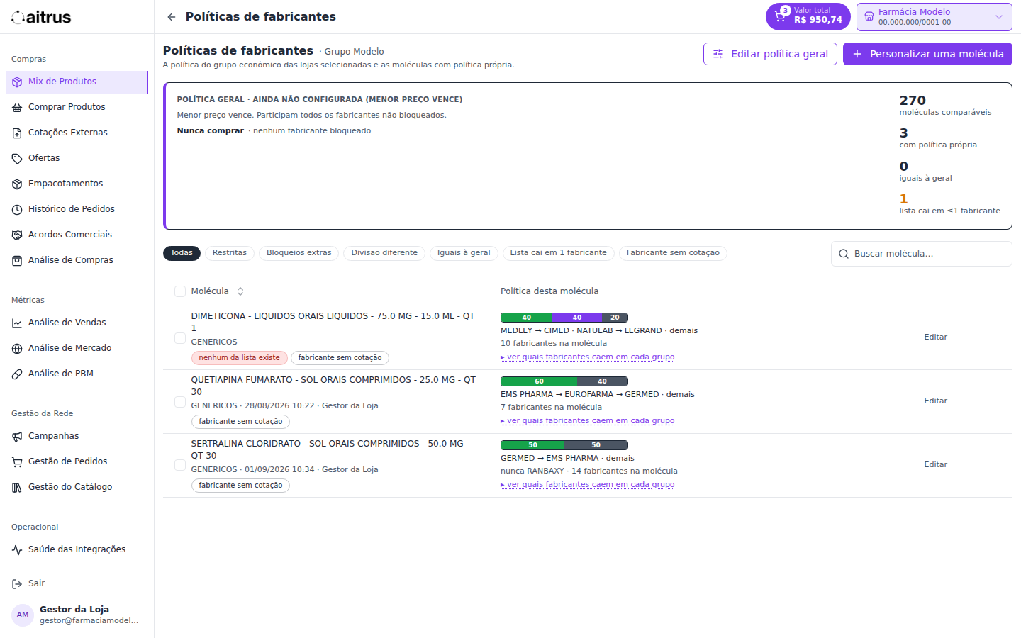 A regra geral no topo, as moléculas com regra própria embaixo. Cada linha mostra a divisão (40 · 40 · 20), a ordem de fabricantes e alertas como "fabricante sem cotação".